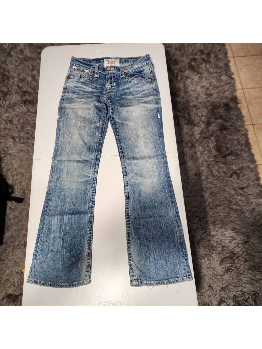 BIG STAR Bootcut Blue Denim Jeans Women Distressed Embroidered Zip Button